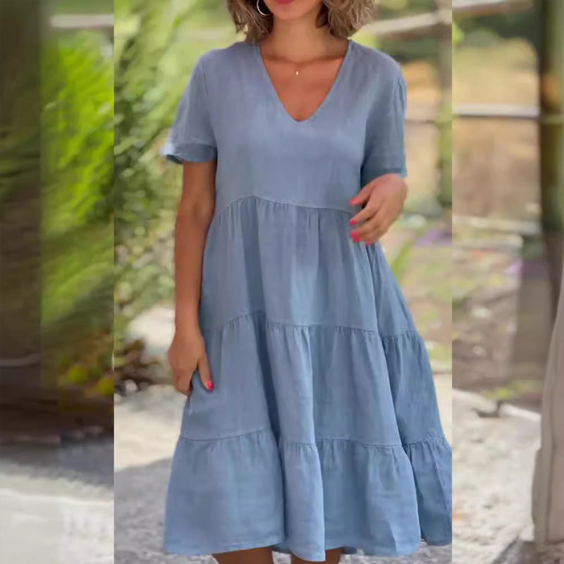 Cotton linen v-neck solid color dress