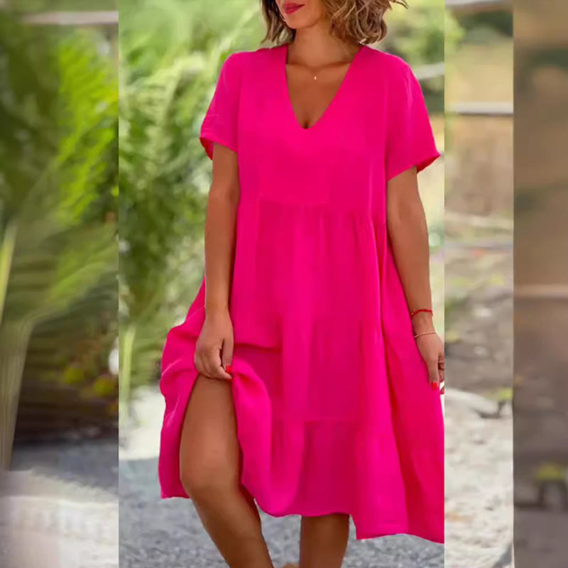 Cotton linen v-neck solid color dress