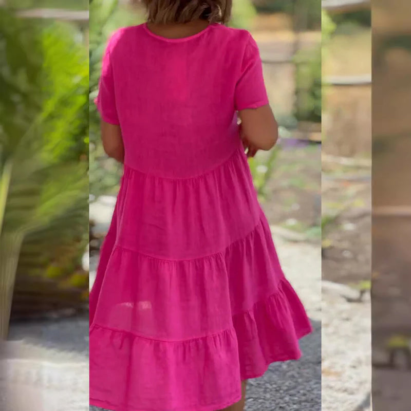 Cotton linen v-neck solid color dress